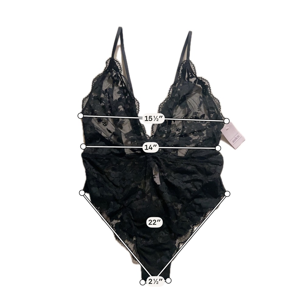 Auden Womens Black Floral Lace Bodysuit Teddy Sheer V-Neck P6610E Medium NWT - Picture 3 of 10